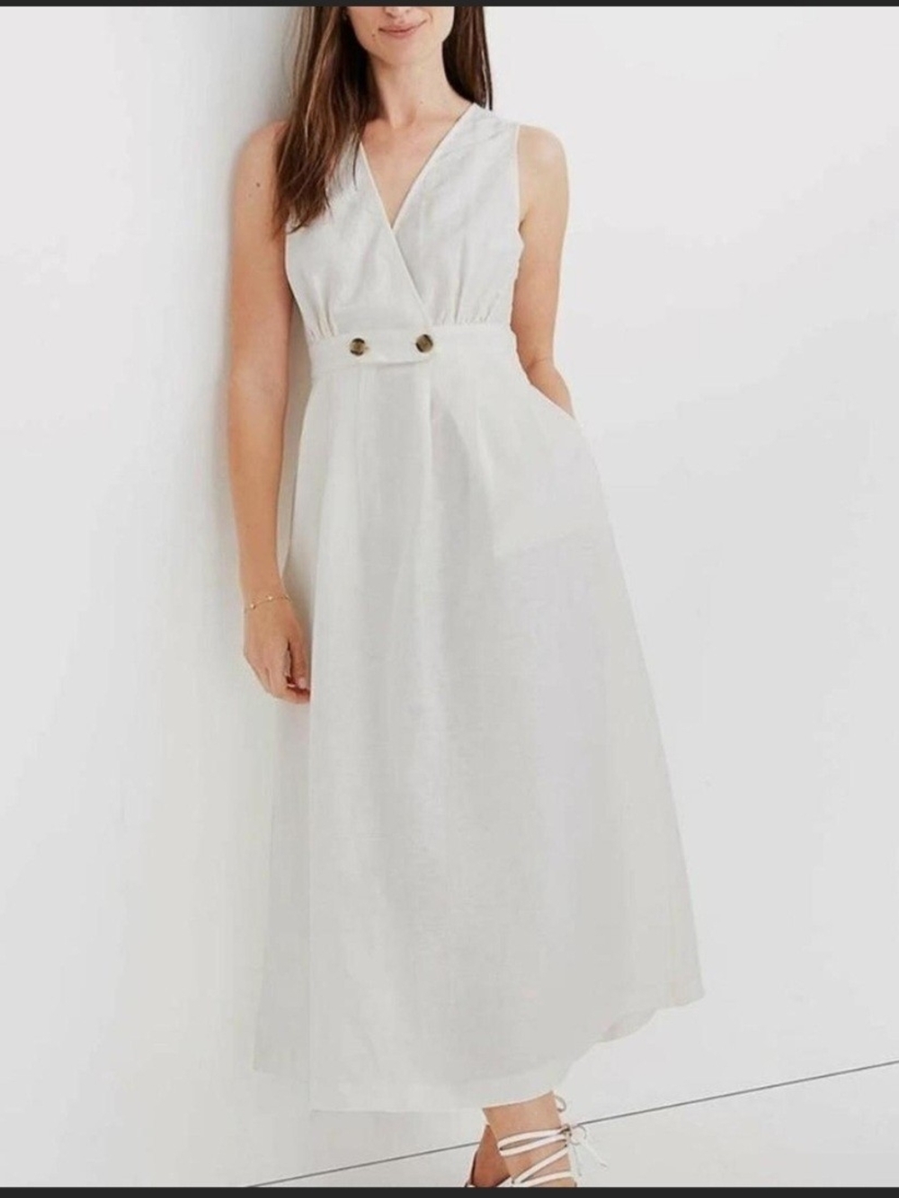 Madewell White Sleeveless V-Neck Maxi Dress with Button Waist